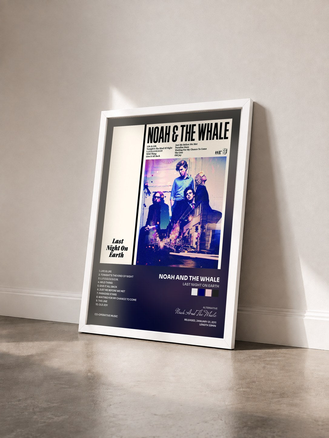 #blanc Tableau de l'album Last Night On Earth de Noah And The Whale vu de trois quarts, cadre blanc