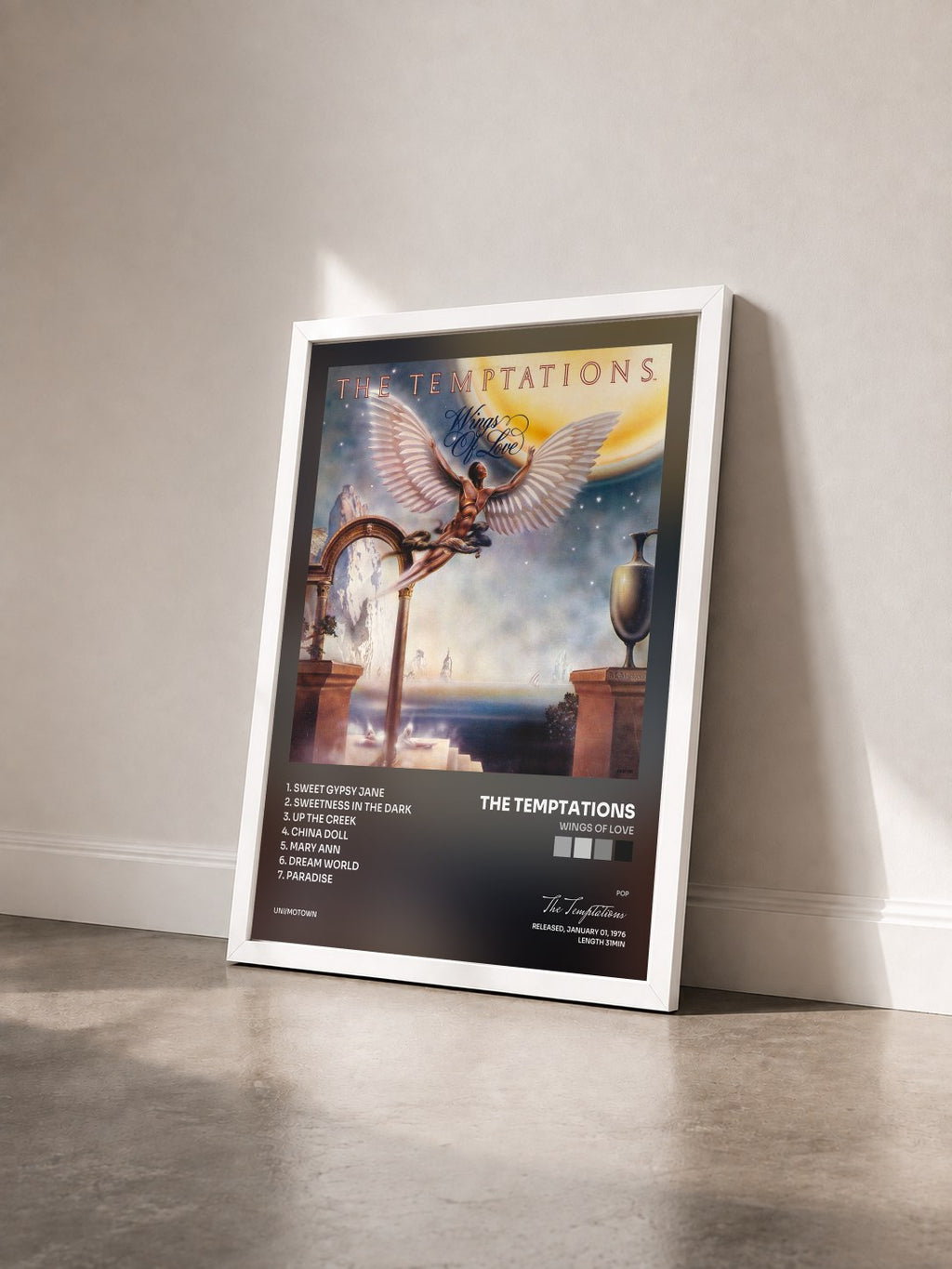 #blanc Wings Of Love de The Temptations en lámina enmarcada vista de tres cuartos, marco blanco