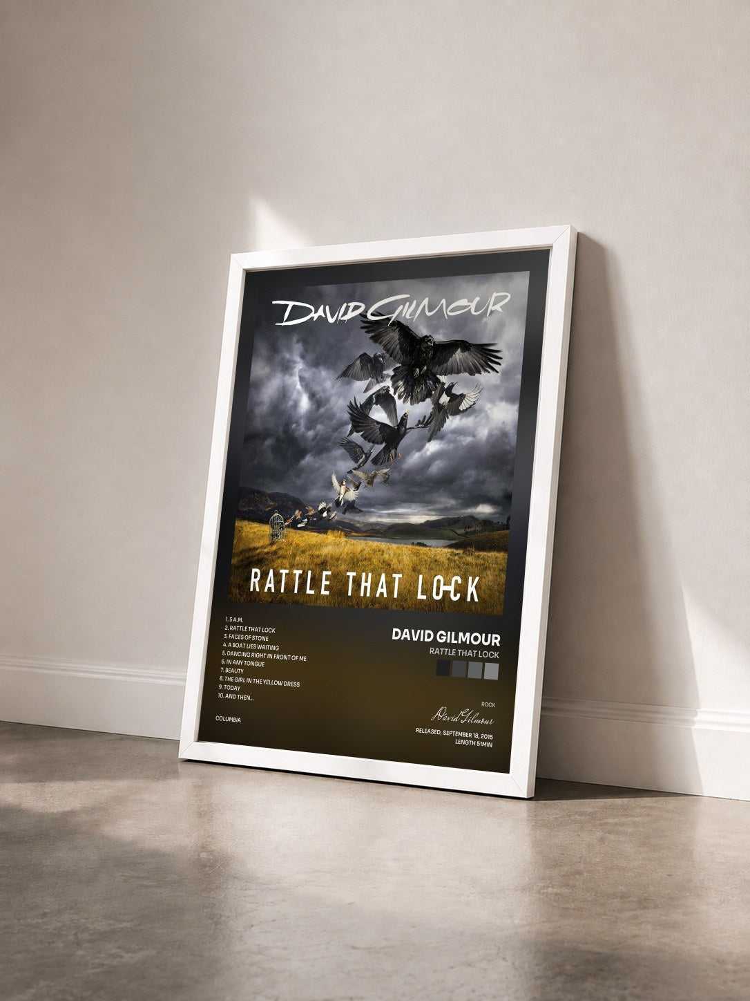 #blanc Tableau de l'album Rattle That Lock de David Gilmour vu de trois quarts, cadre blanc