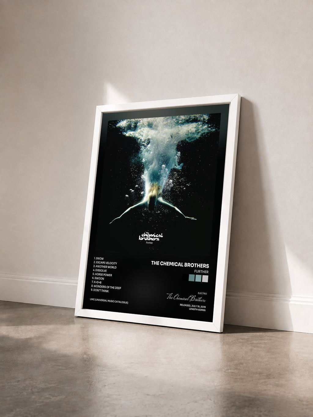 #blanc Tableau de l'album Further de The Chemical Brothers vu de trois quarts, cadre blanc