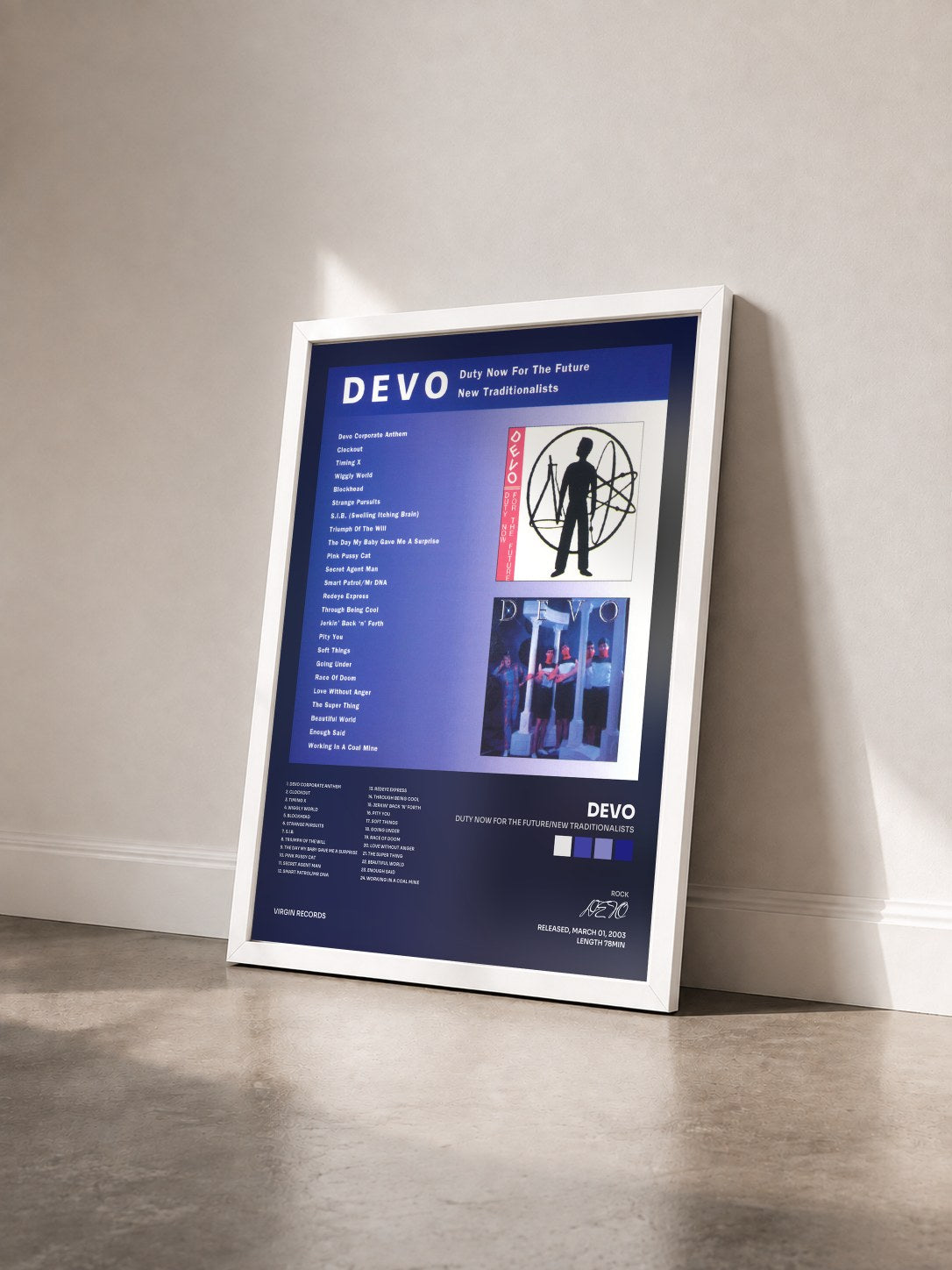 #blanc Tableau de l'album Duty Now For The Future/New Traditionalists de DEVO vu de trois quarts, cadre blanc