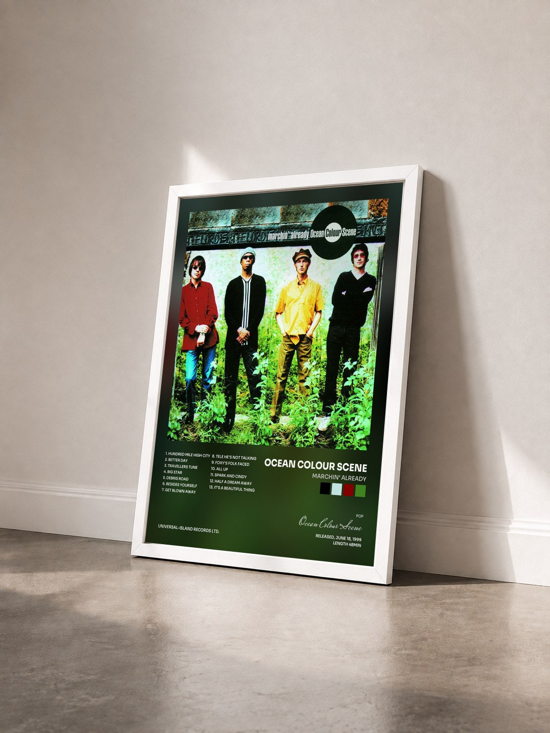 #blanc Tableau de l'album Marchin' Already de Ocean Colour Scene vu de trois quarts, cadre blanc