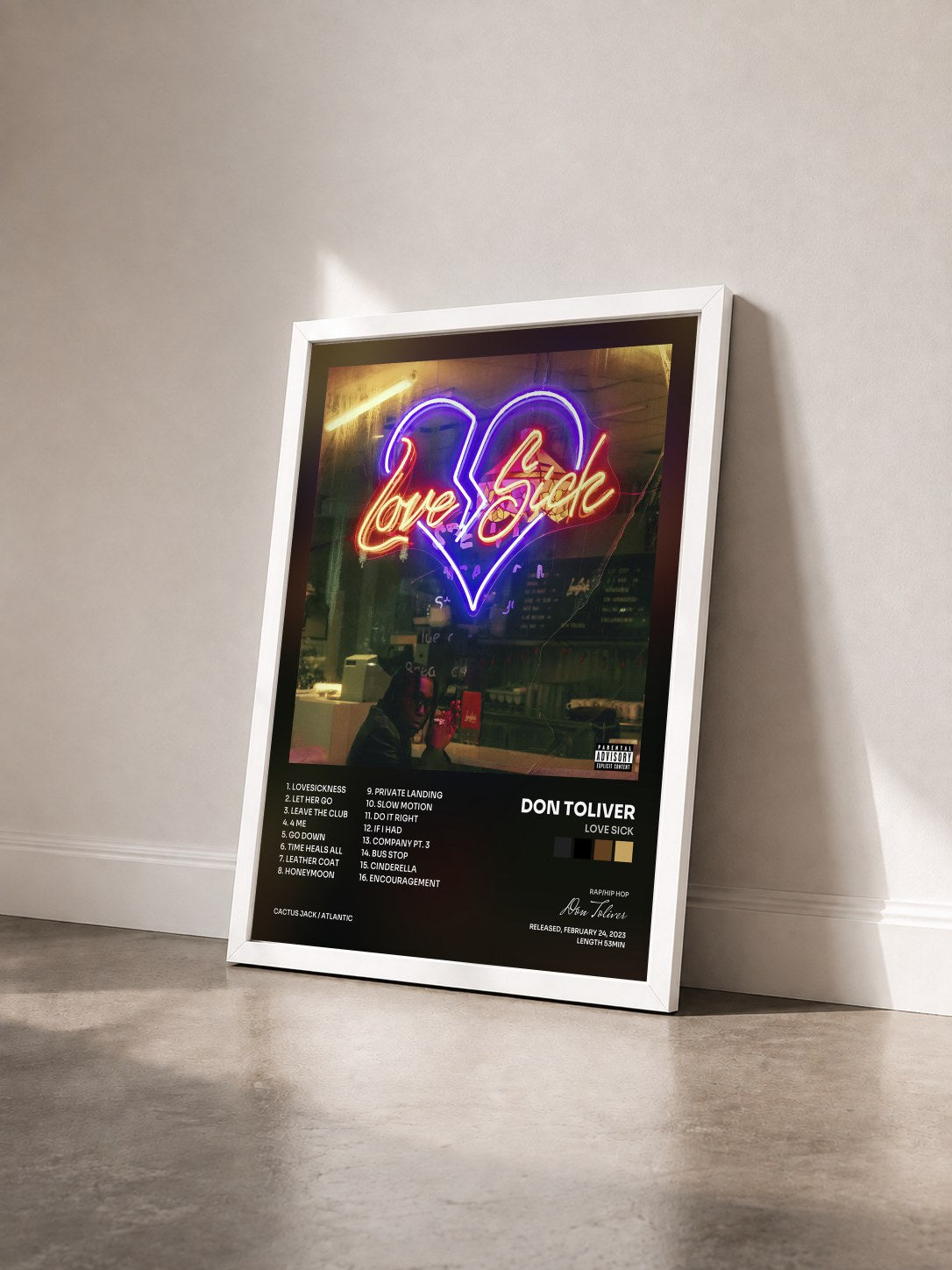 #blanc Tableau de l'album Love Sick de Don Toliver vu de trois quarts, cadre blanc