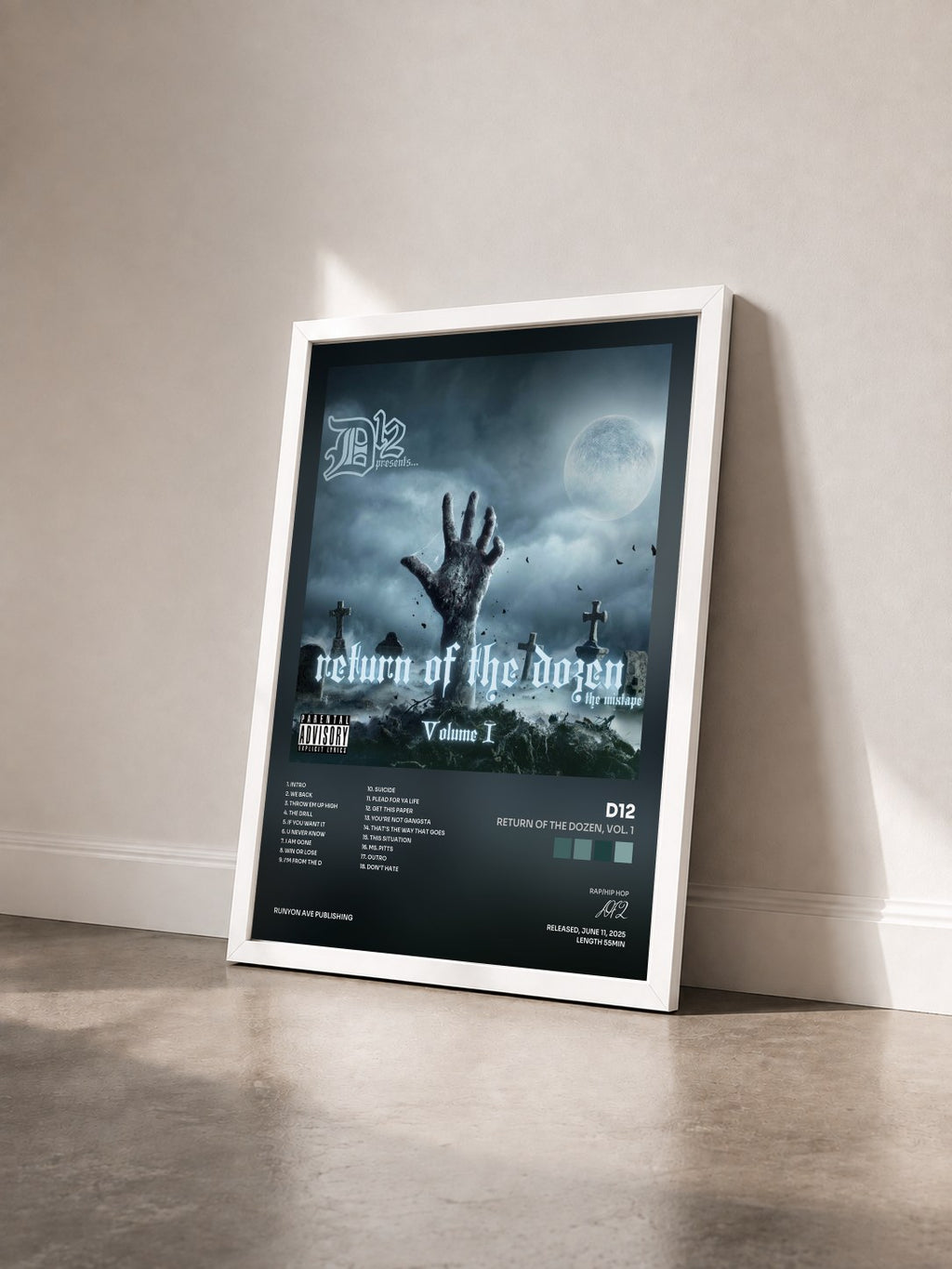 #blanc Return of the Dozen, Vol. 1 by D12 as a framed art print seen at an angle, white frame