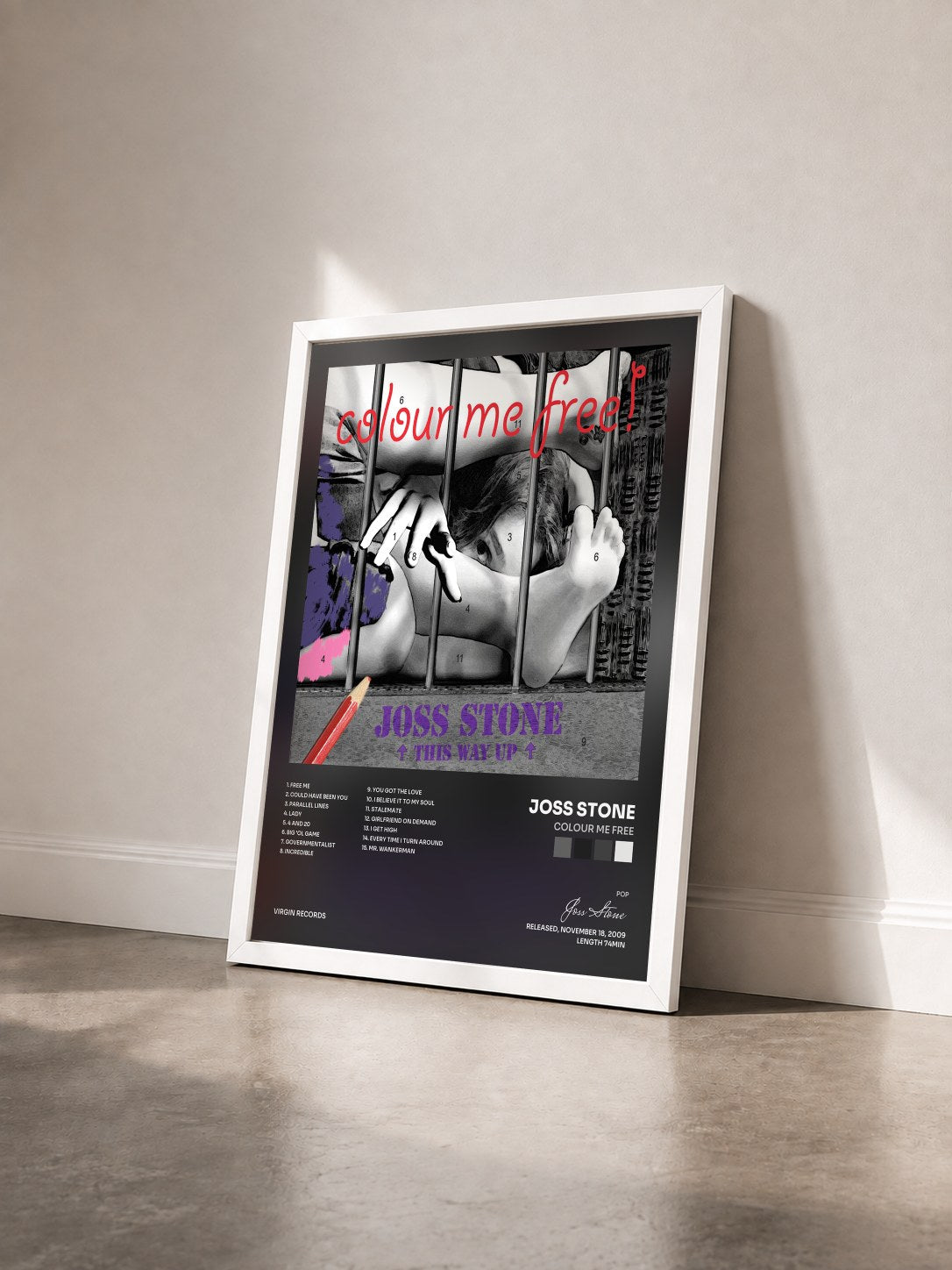 #blanc Colour Me Free by Joss Stone as a framed art print seen at an angle, white frame