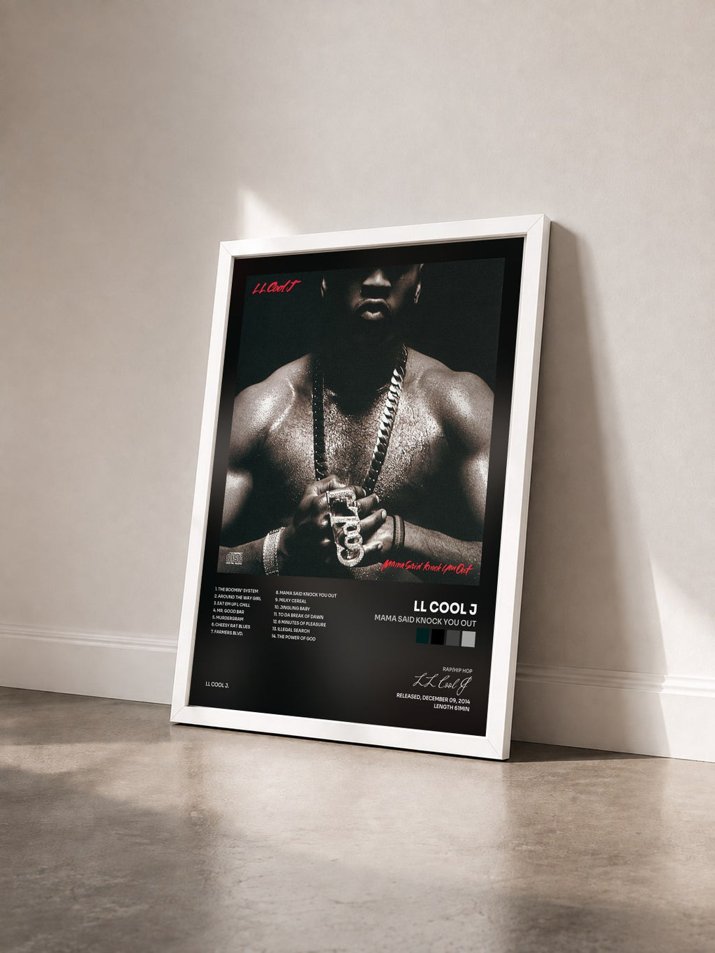 #blanc Mama Said Knock You Out by LL Cool J as a framed art print seen at an angle, white frame