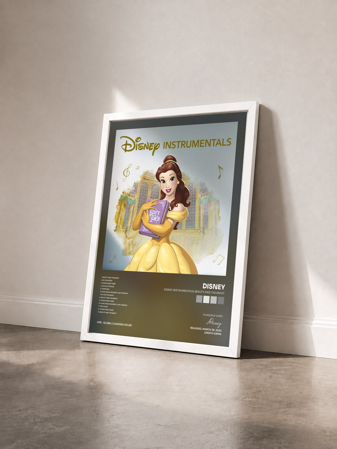 #blanc Tableau de l'album Disney Instrumentals: Beauty and the Beast de Disney vu de trois quarts, cadre blanc