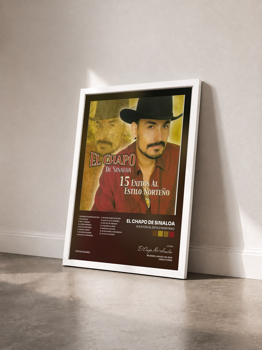 #blanc Tableau de l'album 15 Exitos al Estilo Norteno de El Chapo De Sinaloa vu de trois quarts, cadre blanc