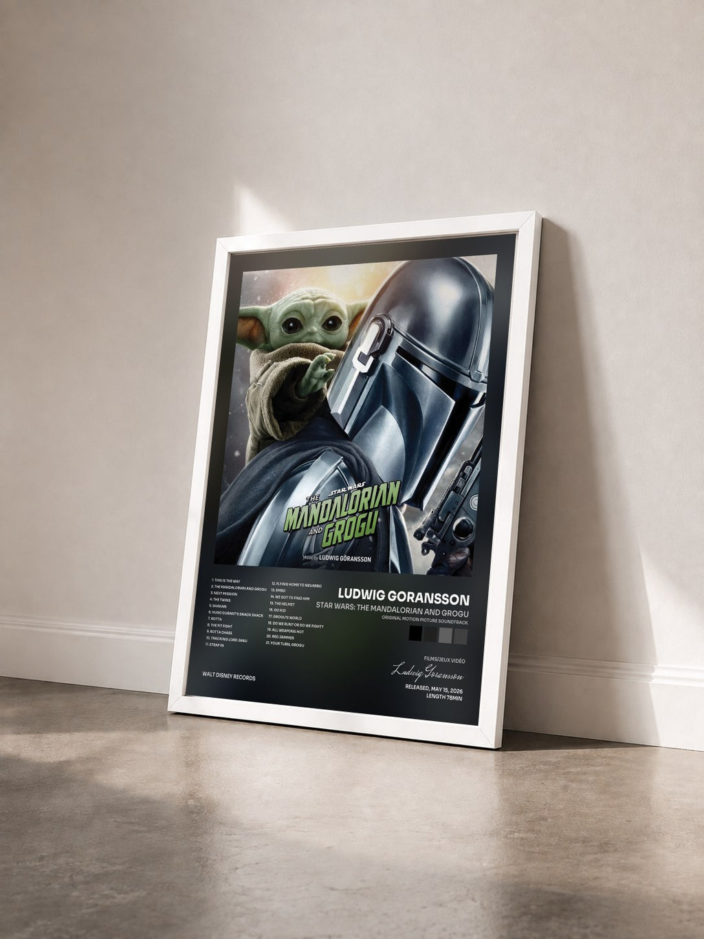 #blanc Star Wars: The Mandalorian and Grogu (Original Motion Picture Soundtrack) de Ludwig Goransson en lámina enmarcada vista de tres cuartos, marco blanco