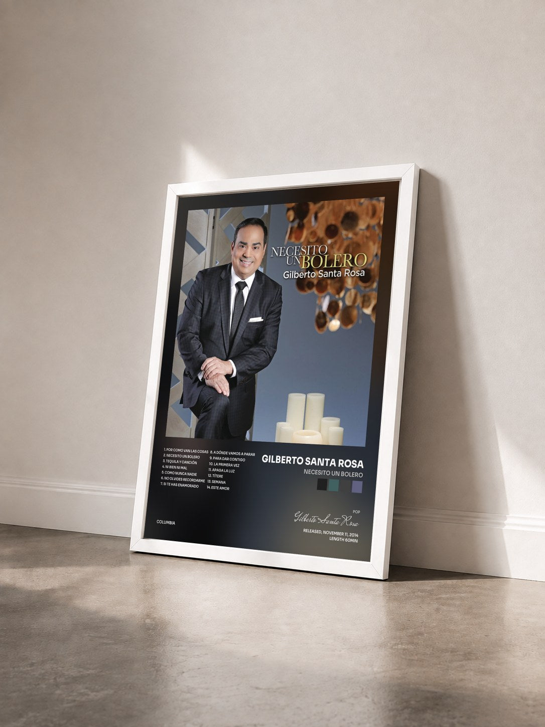 #blanc Tableau de l'album Necesito un Bolero de Gilberto Santa Rosa vu de trois quarts, cadre blanc
