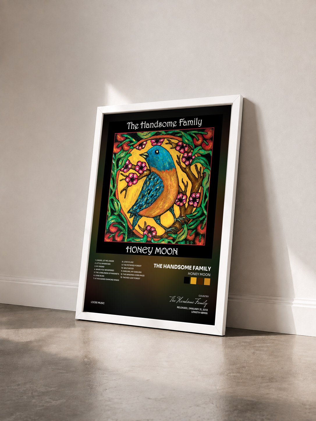 #blanc Tableau de l'album Honey Moon de The Handsome Family vu de trois quarts, cadre blanc