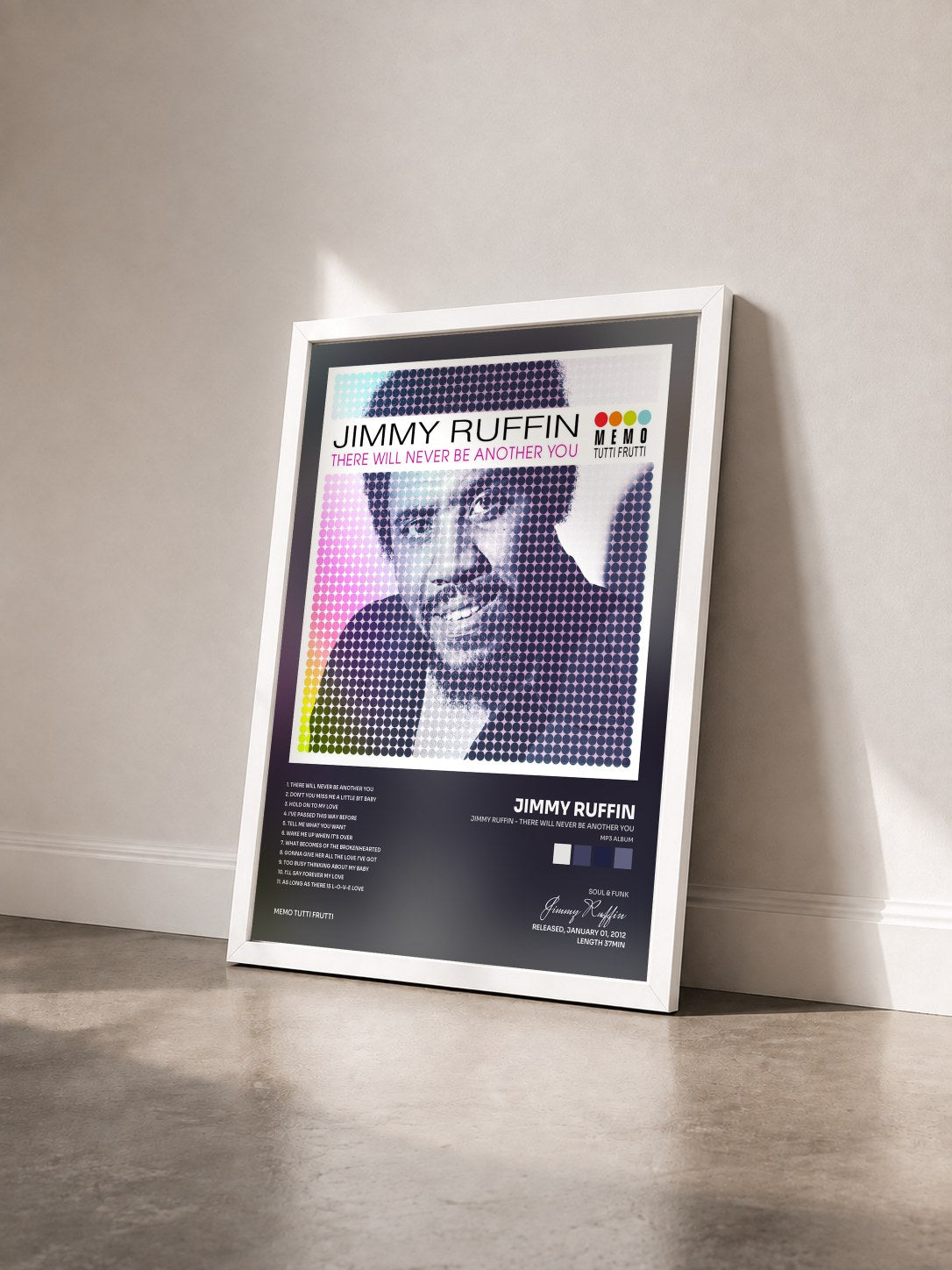 #blanc Tableau de l'album Jimmy Ruffin - There Will Never Be Another You (MP3 Album) de Jimmy Ruffin vu de trois quarts, cadre blanc