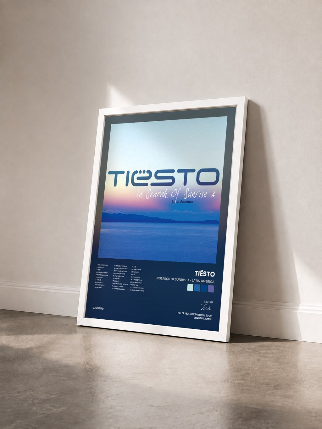 #blanc In Search Of Sunrise 4 - Latin America by Tiësto as a framed art print seen at an angle, white frame