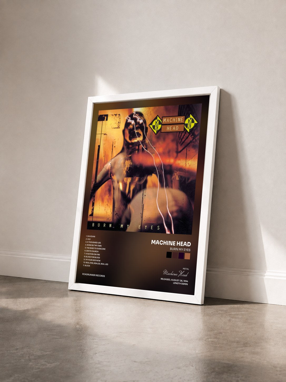 #blanc Tableau de l'album Burn My Eyes de Machine Head vu de trois quarts, cadre blanc