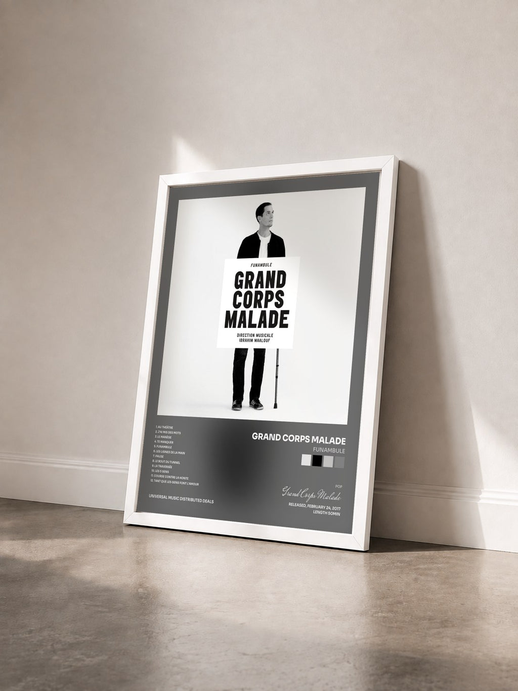 #blanc Tableau de l'album Funambule de Grand Corps Malade vu de trois quarts, cadre blanc