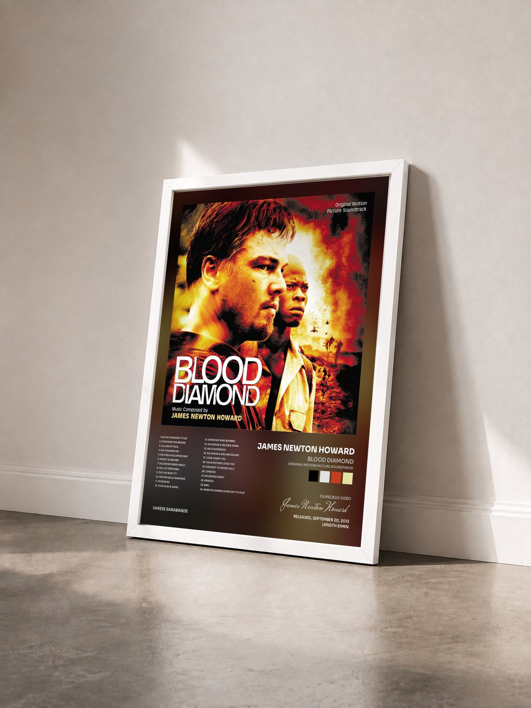 #blanc Blood Diamond (Original Motion Picture Soundtrack) by James Newton Howard as a framed art print seen at an angle, white frame