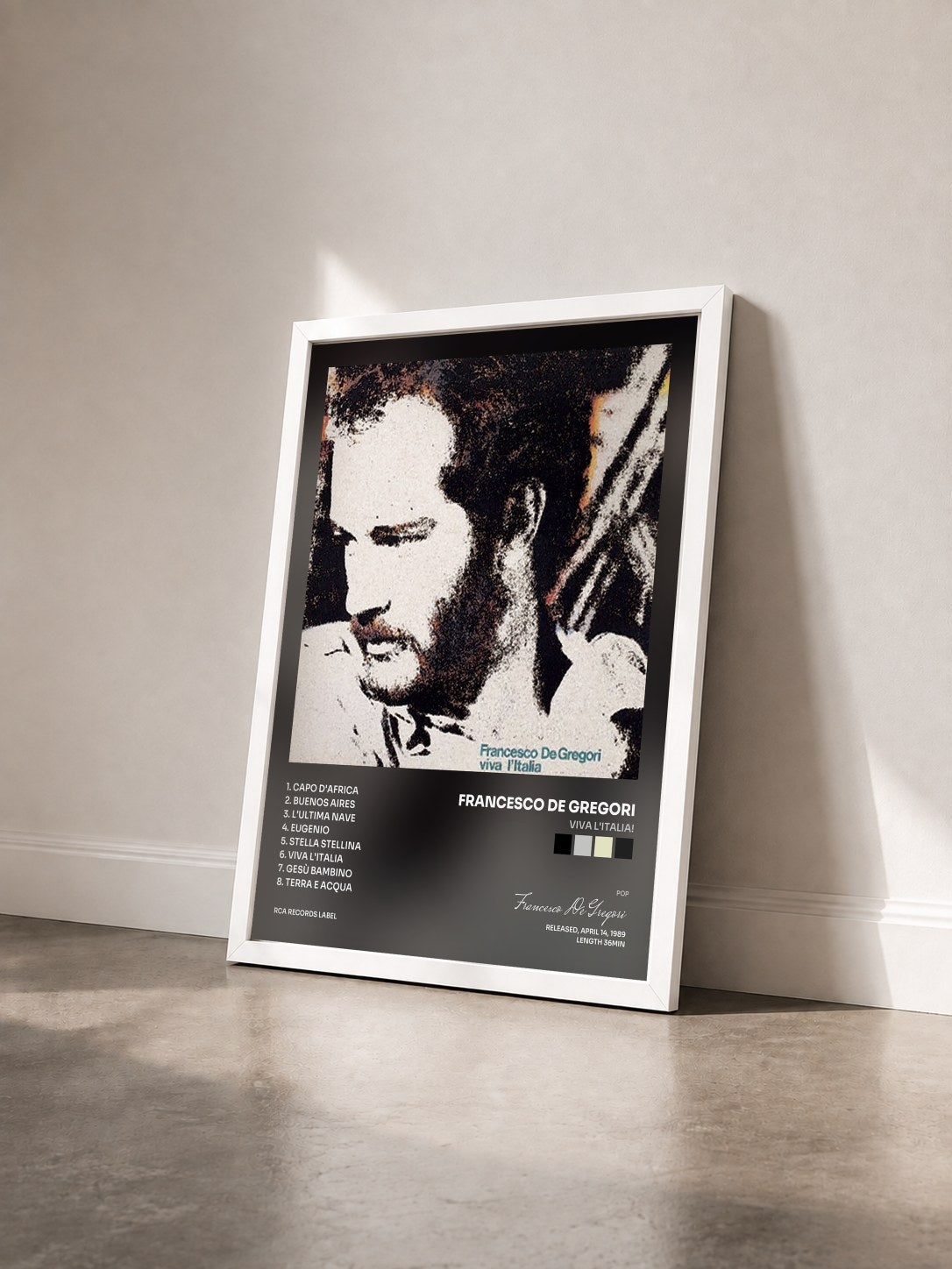 #blanc Tableau de l'album Viva L'Italia! de Francesco De Gregori vu de trois quarts, cadre blanc