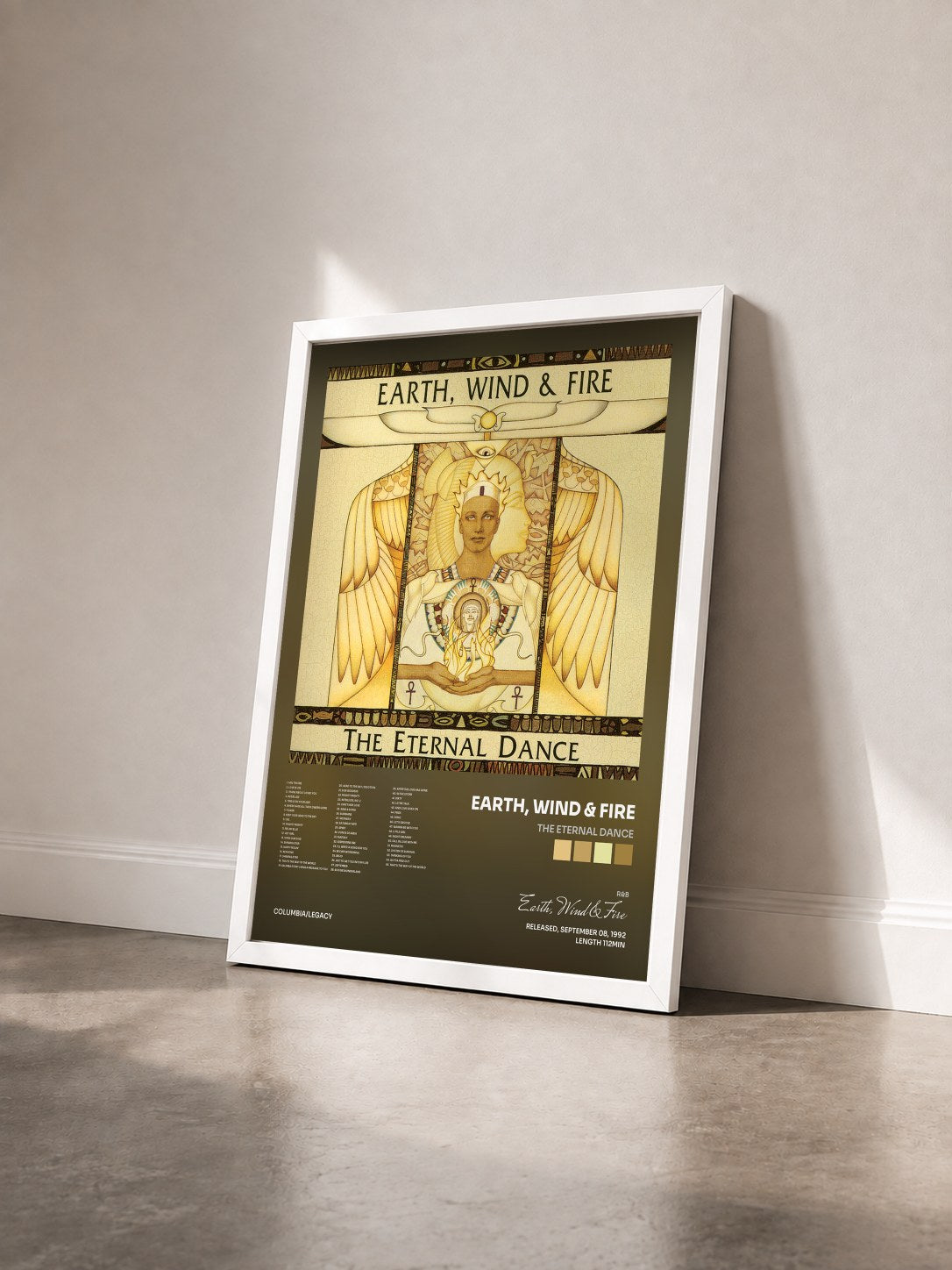 #blanc The Eternal Dance by Earth, Wind & Fire as a framed art print seen at an angle, white frame