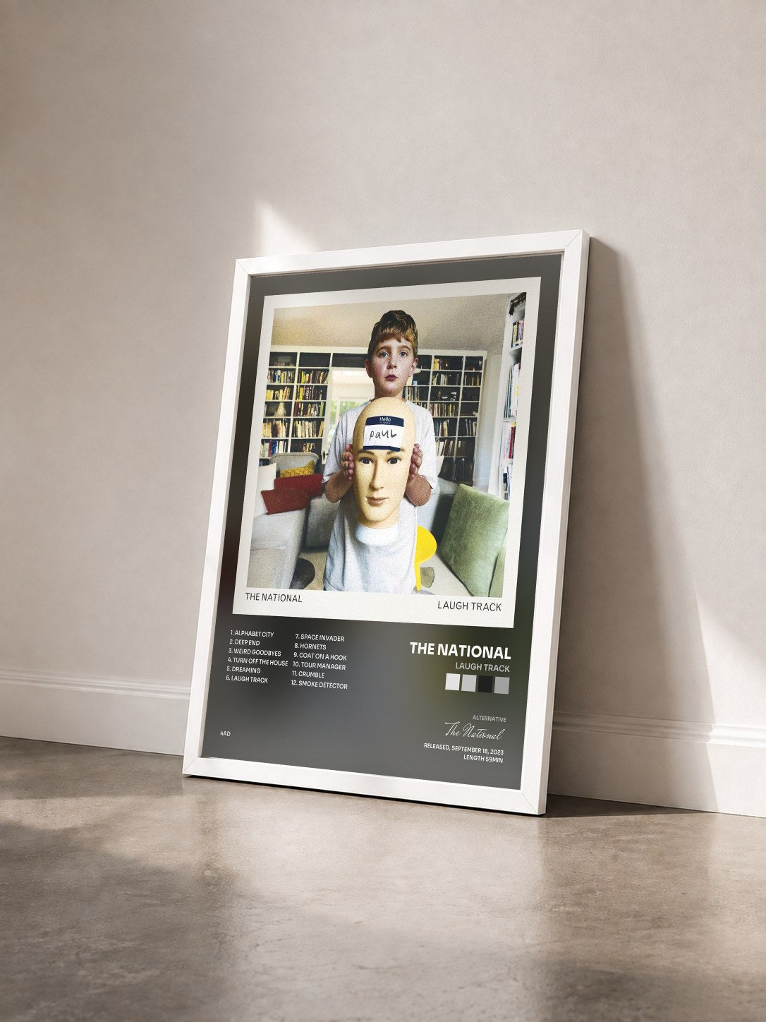 #blanc Laugh Track by The National as a framed art print seen at an angle, white frame