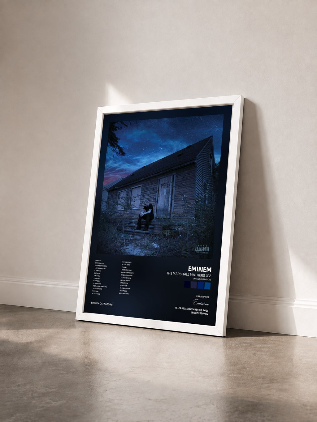 #blanc The Marshall Mathers LP2 (Expanded Edition) di Eminem in stampa incorniciata vista di tre quarti, cornice bianca