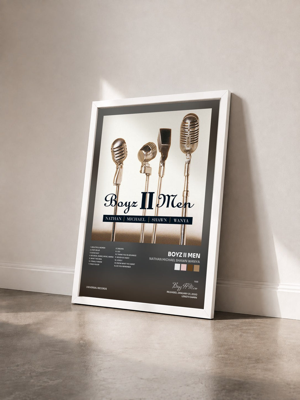 #blanc Tableau de l'album Nathan Michael Shawn Wanya de Boyz II Men vu de trois quarts, cadre blanc