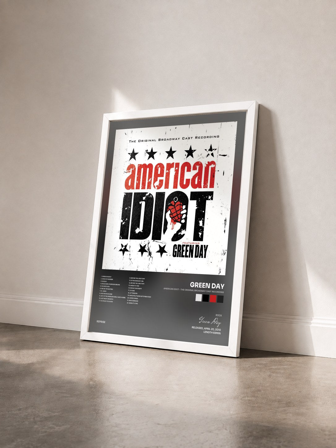#blanc American Idiot - The Original Broadway Cast Recording de Green Day en lámina enmarcada vista de tres cuartos, marco blanco