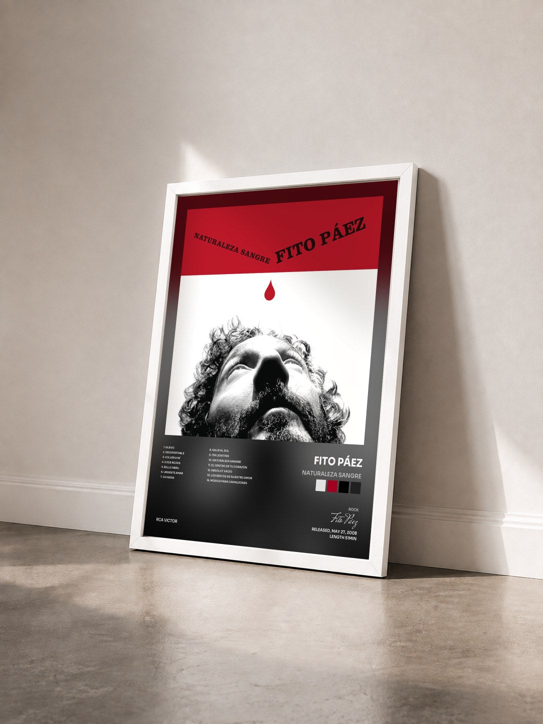 #blanc Tableau de l'album Naturaleza Sangre de Fito Páez vu de trois quarts, cadre blanc