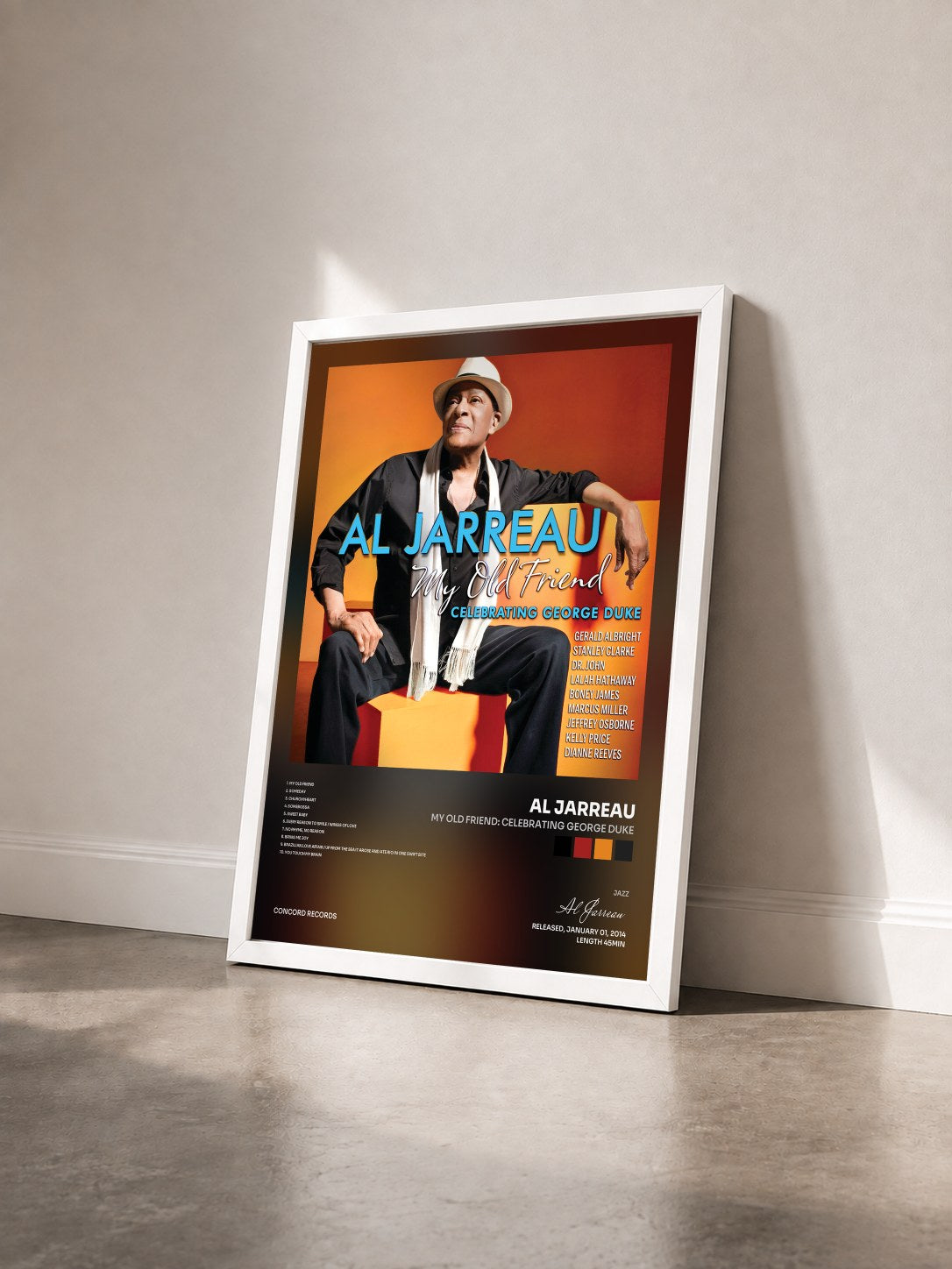 #blanc Tableau de l'album My Old Friend: Celebrating George Duke de Al Jarreau vu de trois quarts, cadre blanc