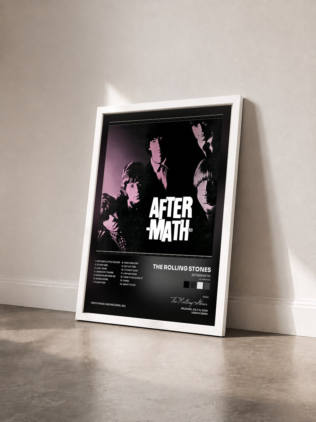 #blanc Aftermath (UK Version) de The Rolling Stones en lámina enmarcada vista de tres cuartos, marco blanco
