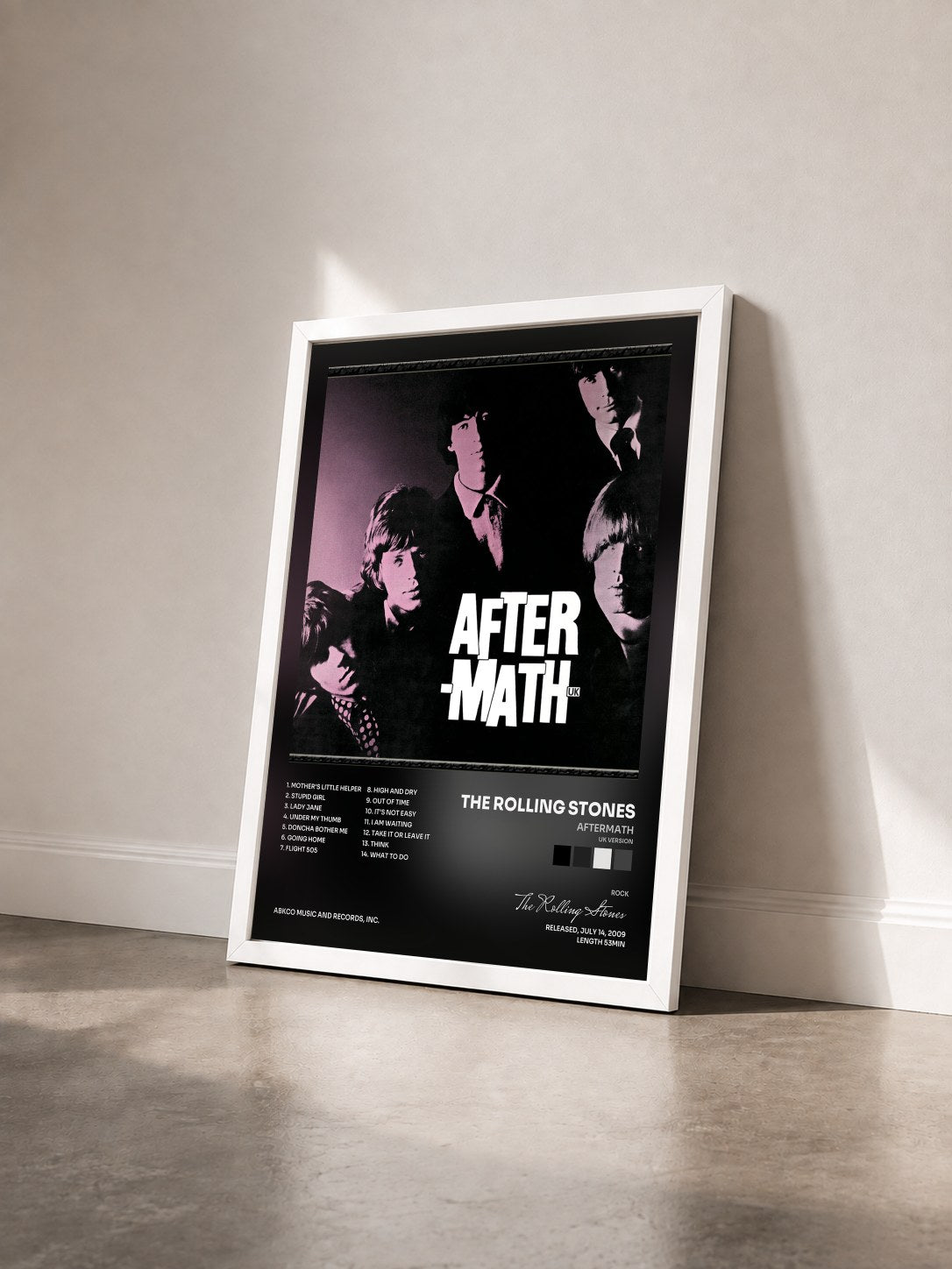 #blanc Tableau de l'album Aftermath (UK Version) de The Rolling Stones vu de trois quarts, cadre blanc
