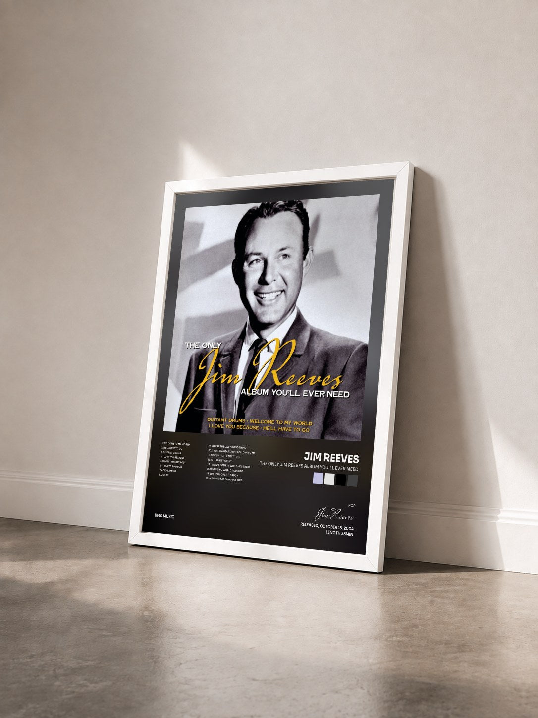 #blanc Tableau de l'album The Only Jim Reeves Album You'll Ever Need de Jim Reeves vu de trois quarts, cadre blanc