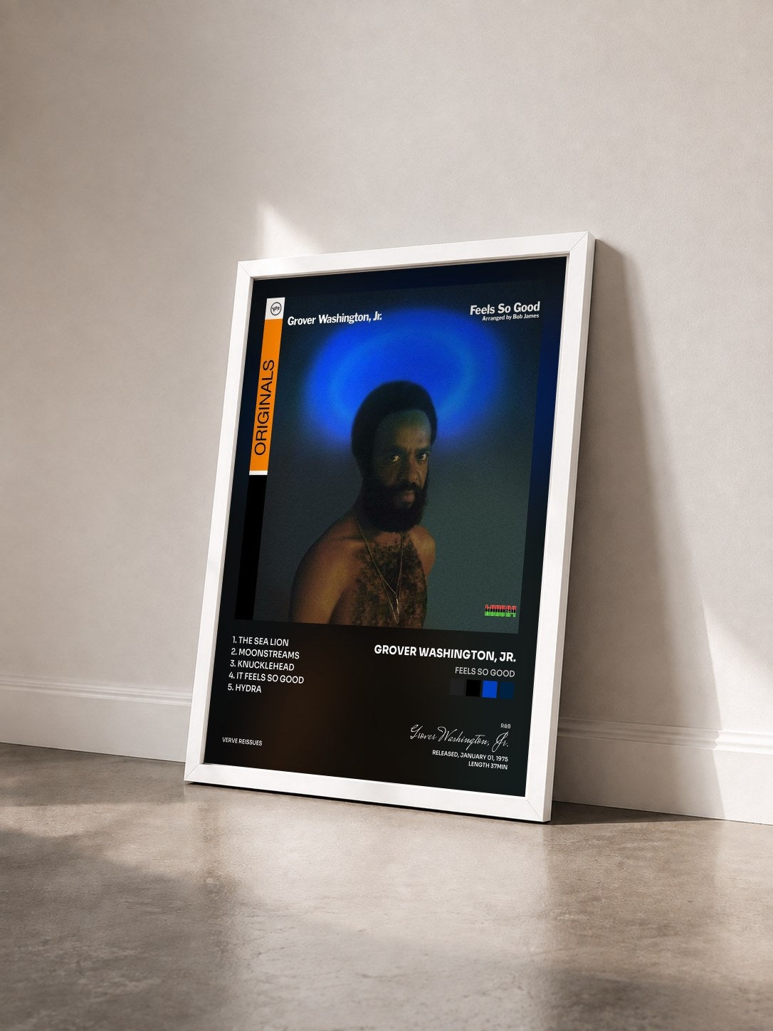 #blanc Tableau de l'album Feels So Good de Grover Washington, Jr. vu de trois quarts, cadre blanc