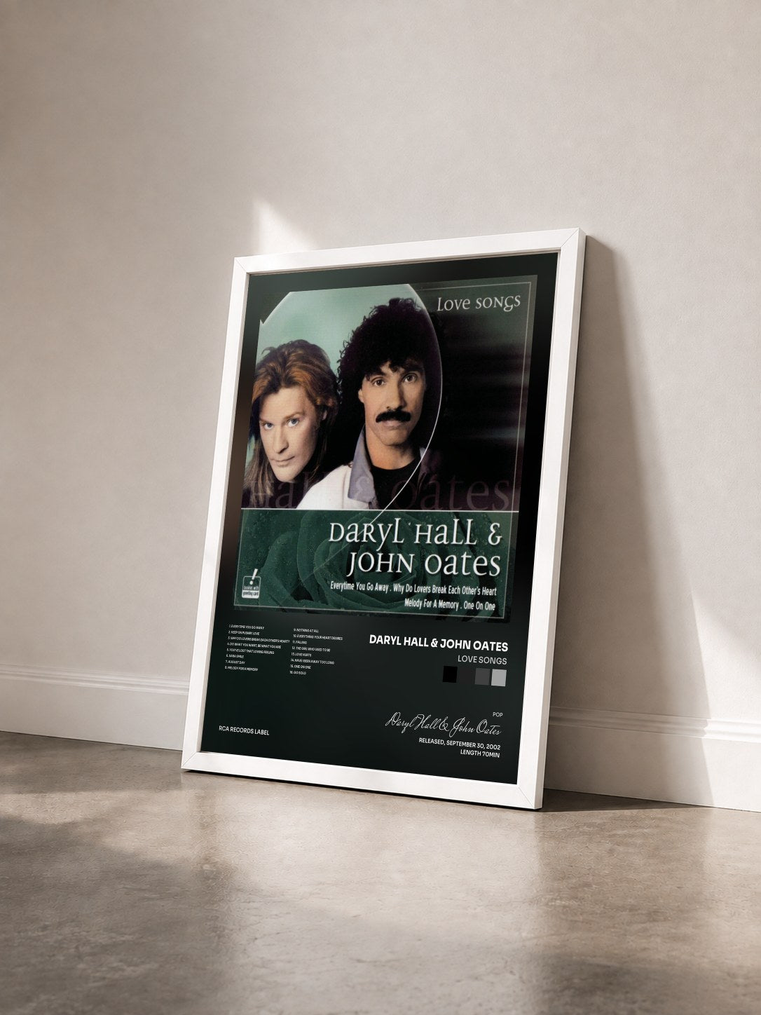 #blanc Tableau de l'album Love Songs de Daryl Hall & John Oates vu de trois quarts, cadre blanc