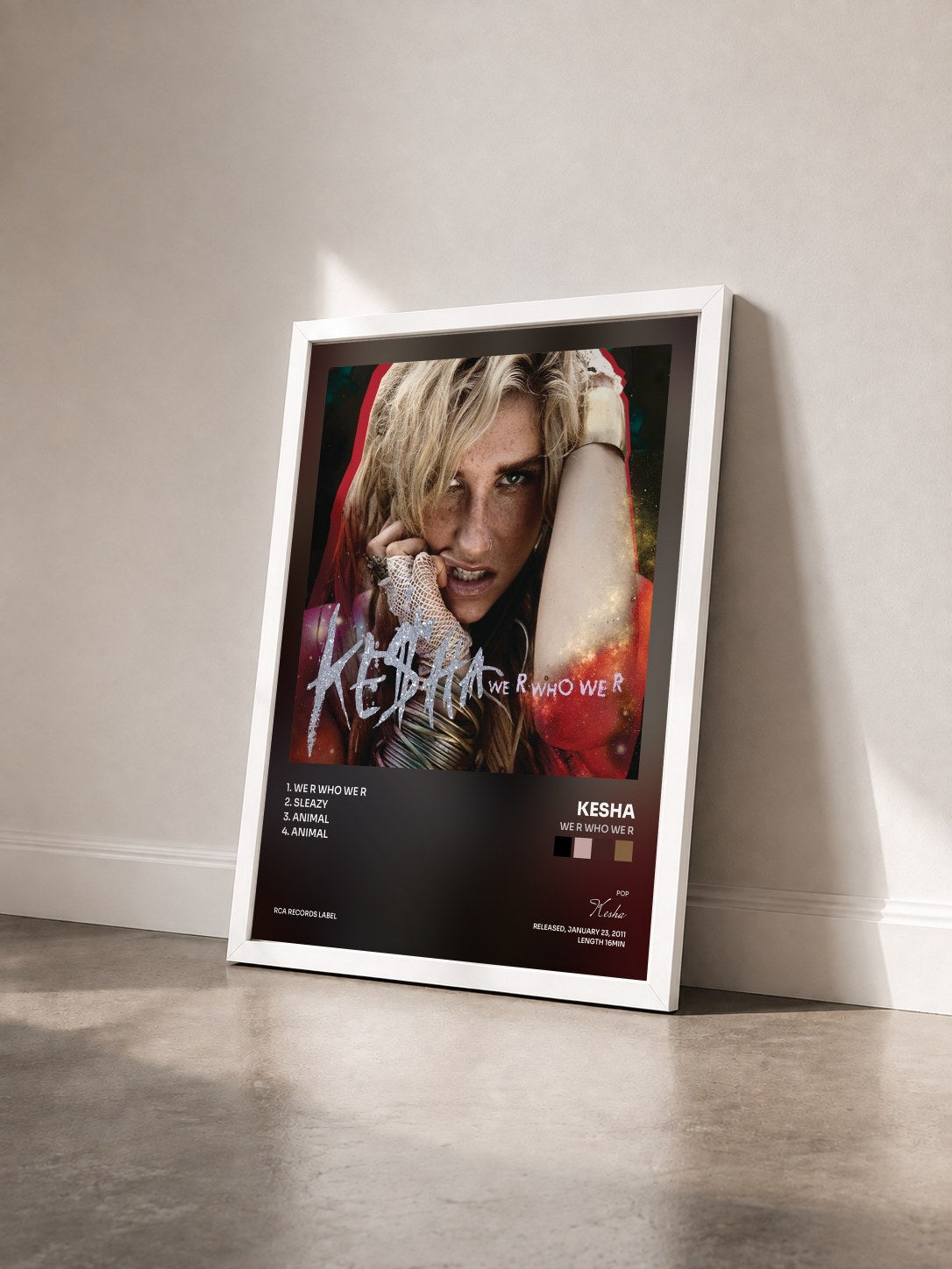 #blanc Tableau de l'album We R Who We R de Kesha vu de trois quarts, cadre blanc
