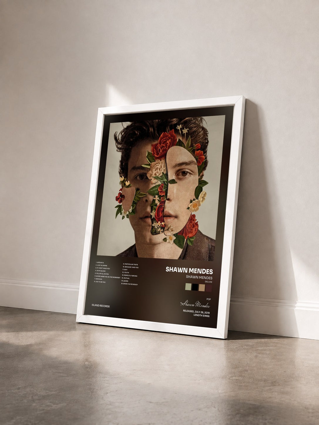 #blanc Tableau de l'album Shawn Mendes (Deluxe) de Shawn Mendes vu de trois quarts, cadre blanc