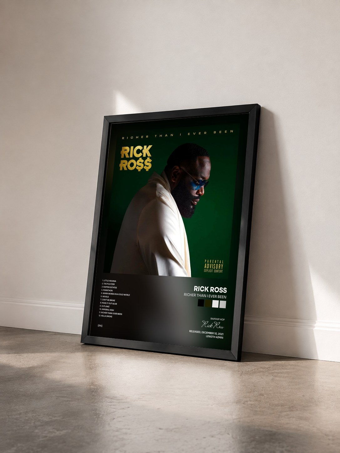 #noir Richer Than I Ever Been by Rick Ross as a framed art print seen at an angle, black frame