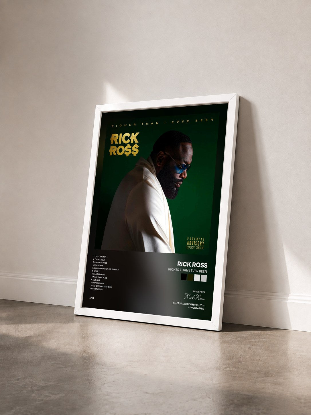 #blanc Richer Than I Ever Been by Rick Ross as a framed art print seen at an angle, white frame