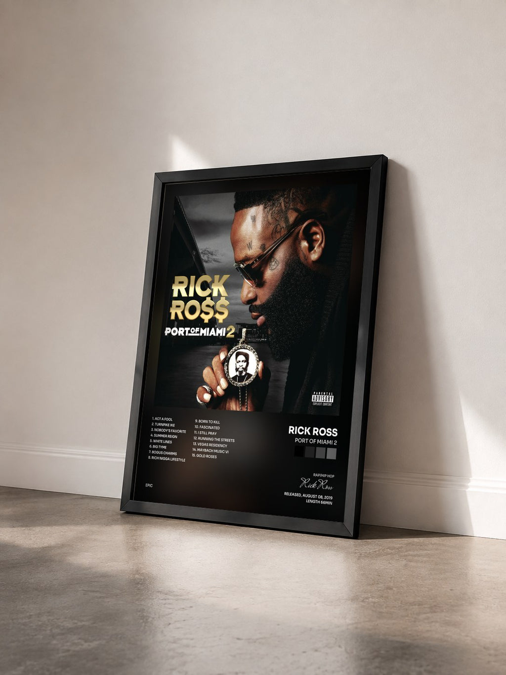 #noir Tableau de l'album Port of Miami 2 de Rick Ross vu de trois quarts, cadre noir