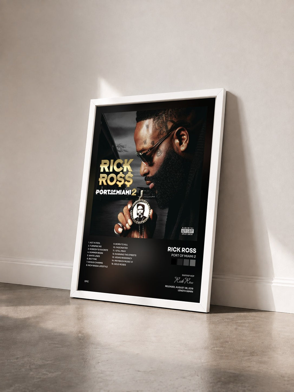 #blanc Tableau de l'album Port of Miami 2 de Rick Ross vu de trois quarts, cadre blanc