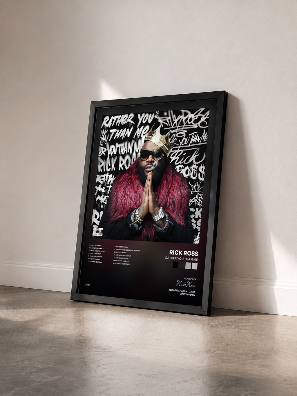 #noir Rather You Than Me by Rick Ross as a framed art print seen at an angle, black frame