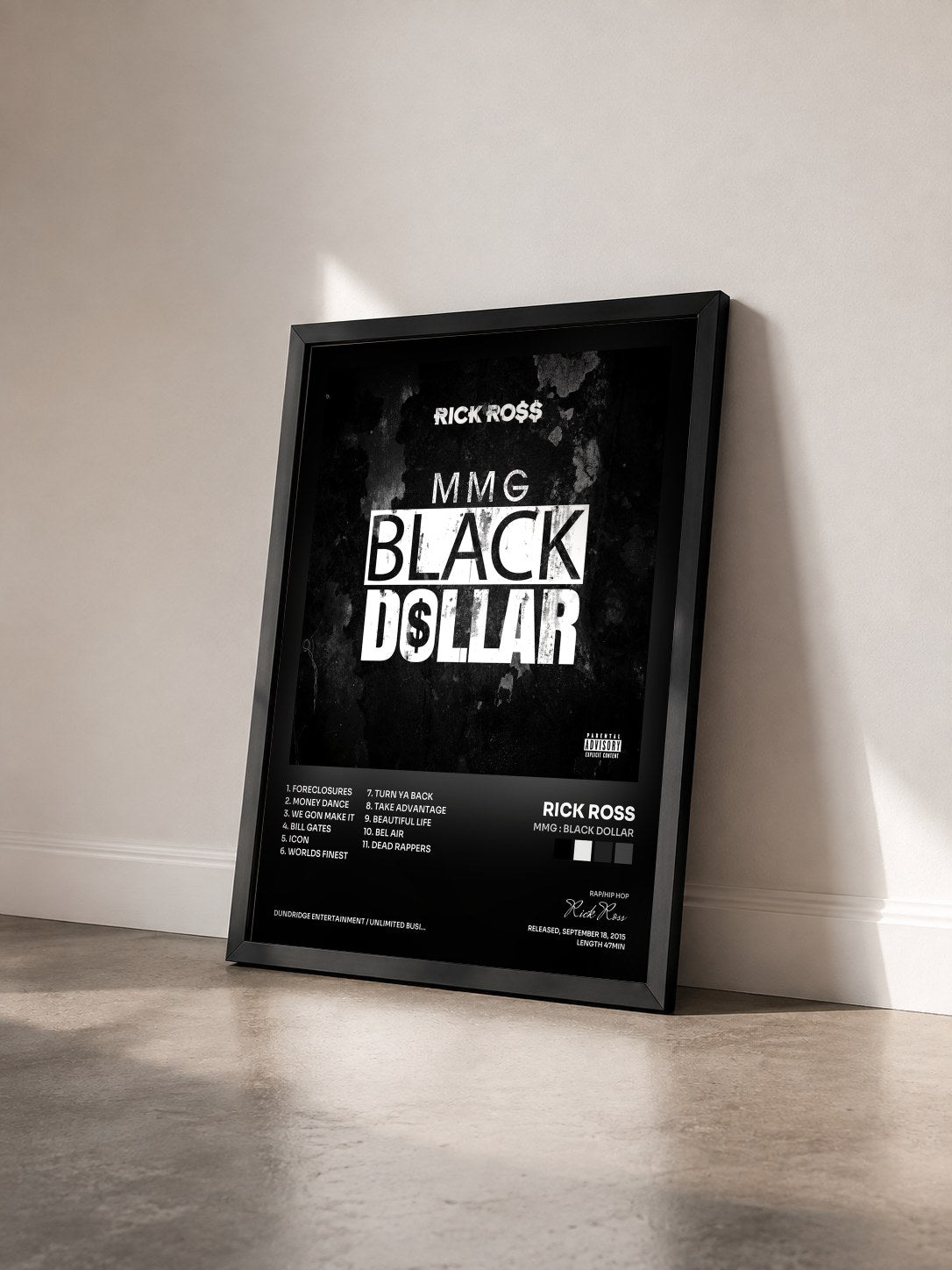 #noir MMG : Black Dollar by Rick Ross as a framed art print seen at an angle, black frame