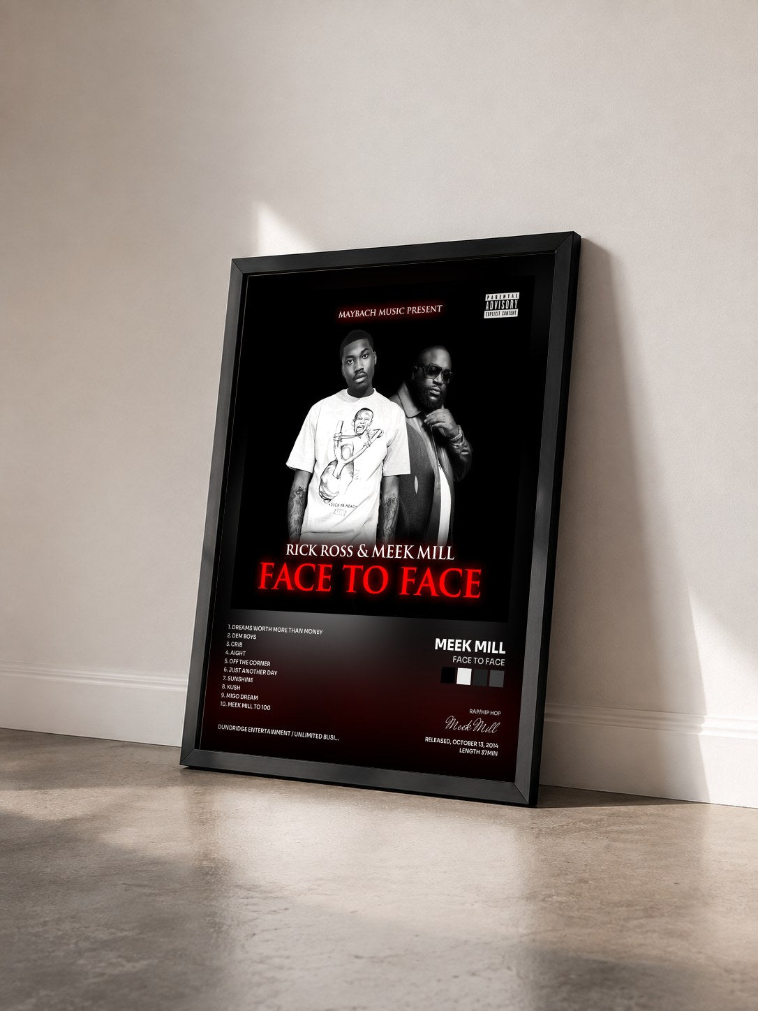 #noir Tableau de l'album Face To Face de Meek Mill vu de trois quarts, cadre noir