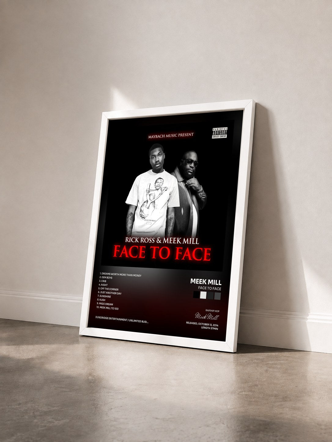 #blanc Tableau de l'album Face To Face de Meek Mill vu de trois quarts, cadre blanc