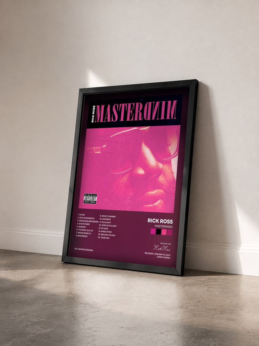 #noir Mastermind by Rick Ross as a framed art print seen at an angle, black frame