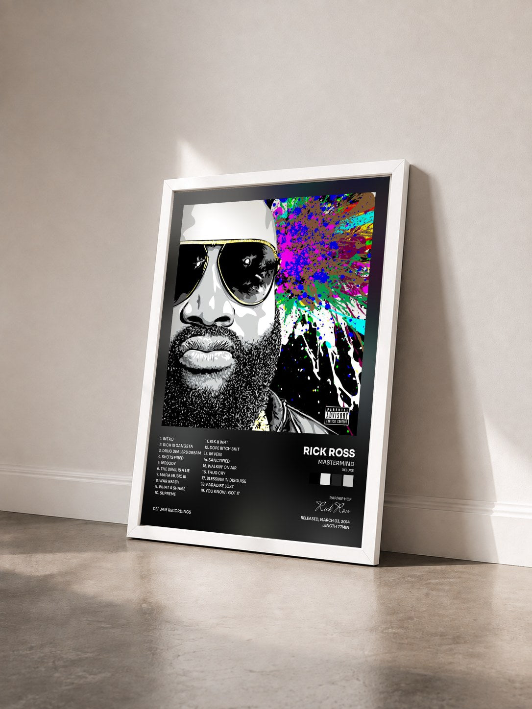 #blanc Mastermind (Deluxe) by Rick Ross as a framed art print seen at an angle, white frame