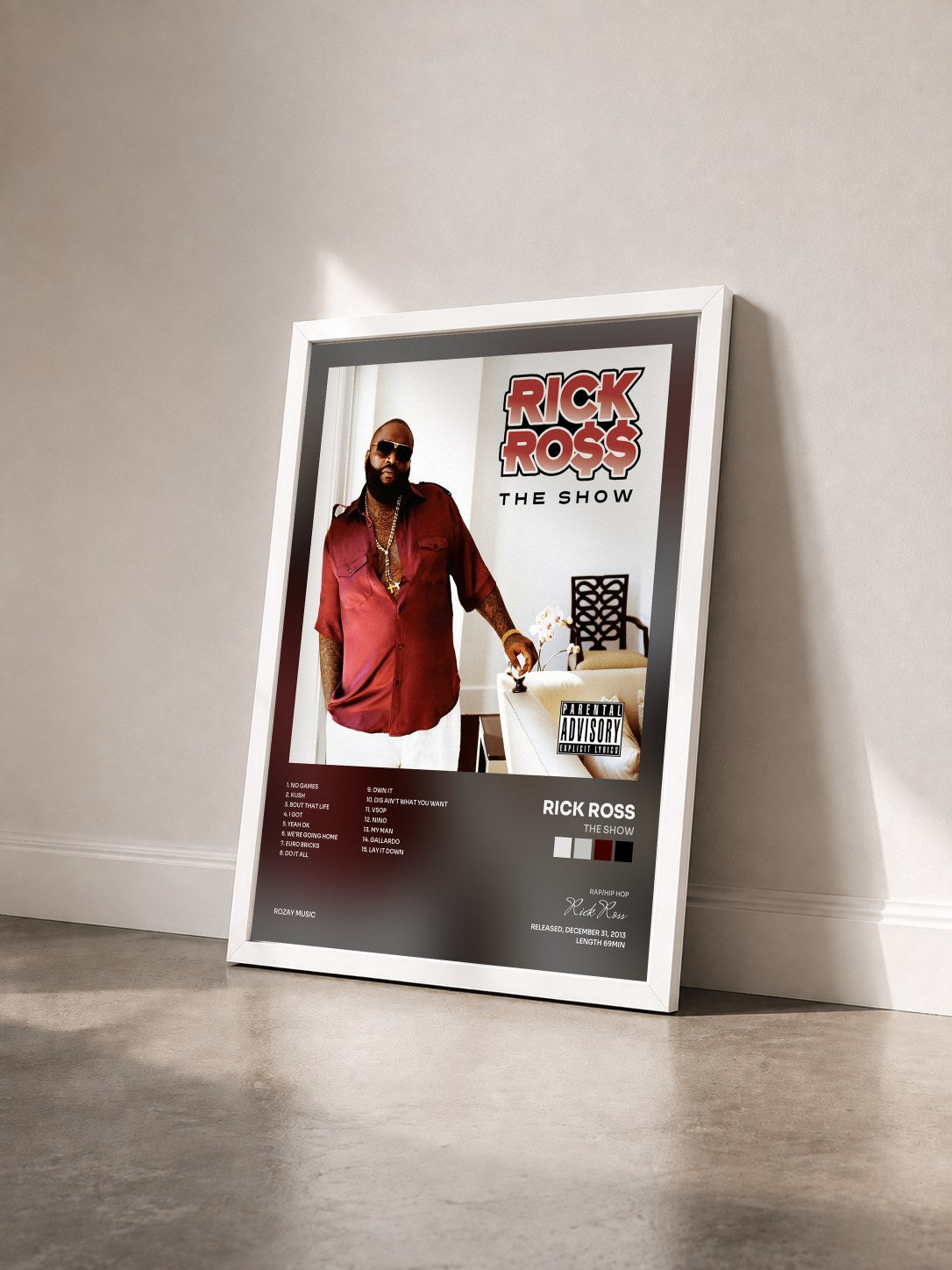 #blanc The Show by Rick Ross as a framed art print seen at an angle, white frame