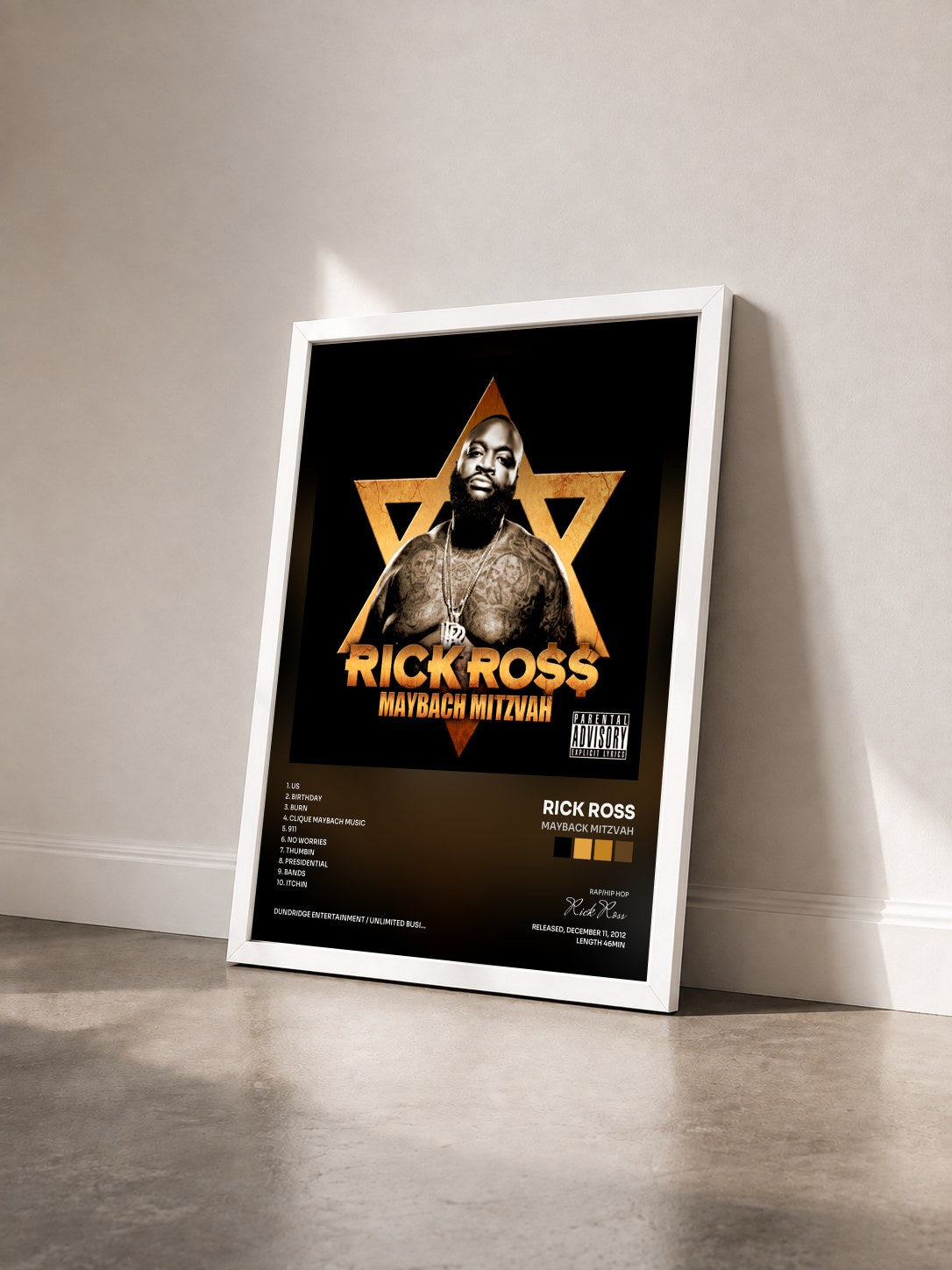 #blanc Mayback Mitzvah by Rick Ross as a framed art print seen at an angle, white frame