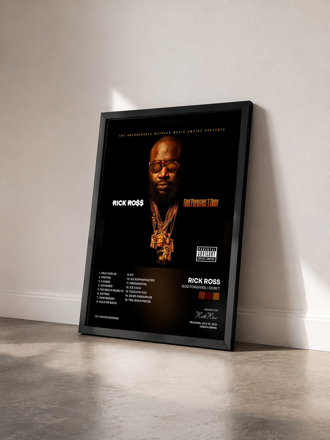 #noir God Forgives, I Don't by Rick Ross as a framed art print seen at an angle, black frame