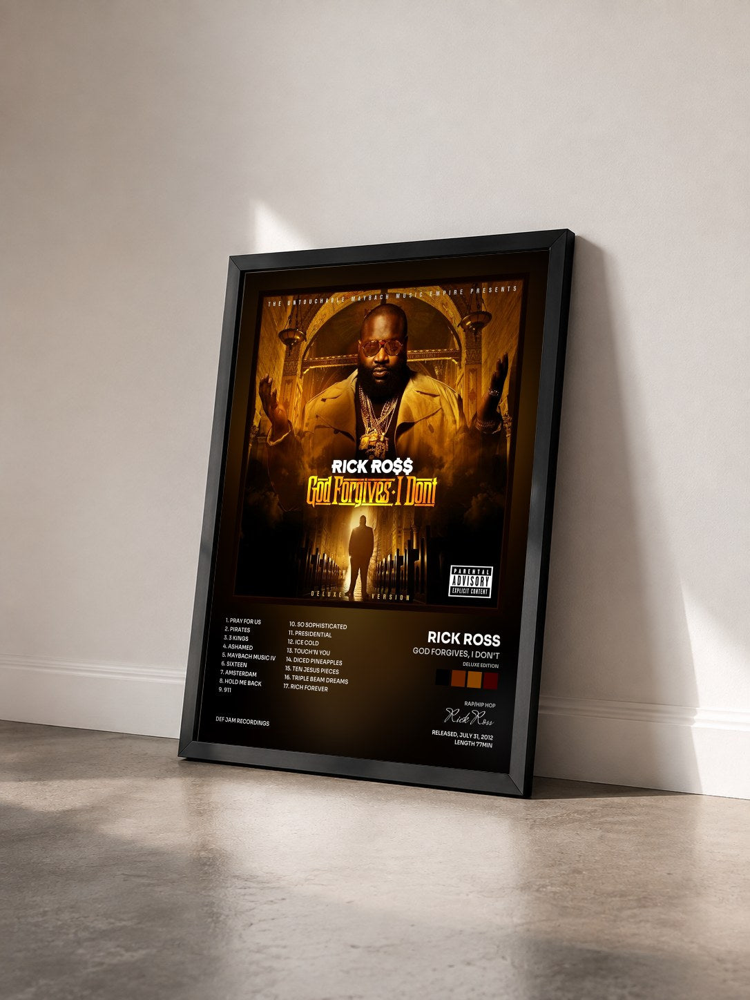 #noir God Forgives, I Don't (Deluxe Edition) by Rick Ross as a framed art print seen at an angle, black frame