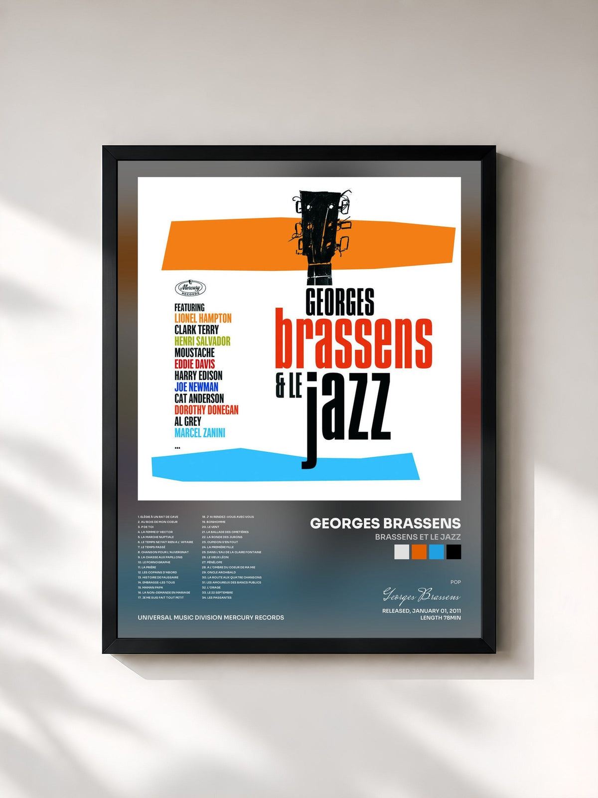 #noir Tableau de l'album Brassens Et Le Jazz de Georges Brassens, cadre noir, imprimé et encadré en France